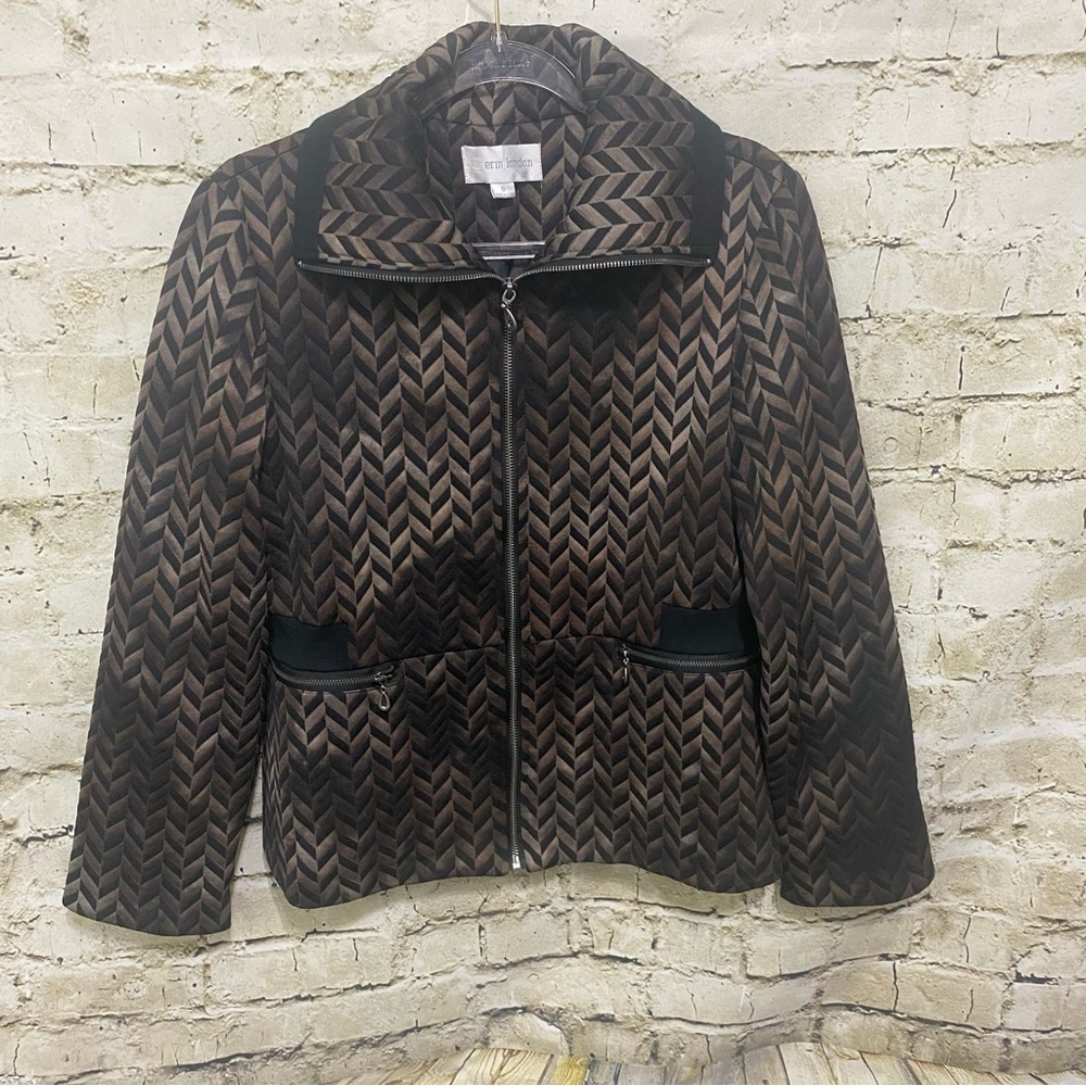 Erin London Brown Black Chevron Print Shawl Neck Zip Up Jacket